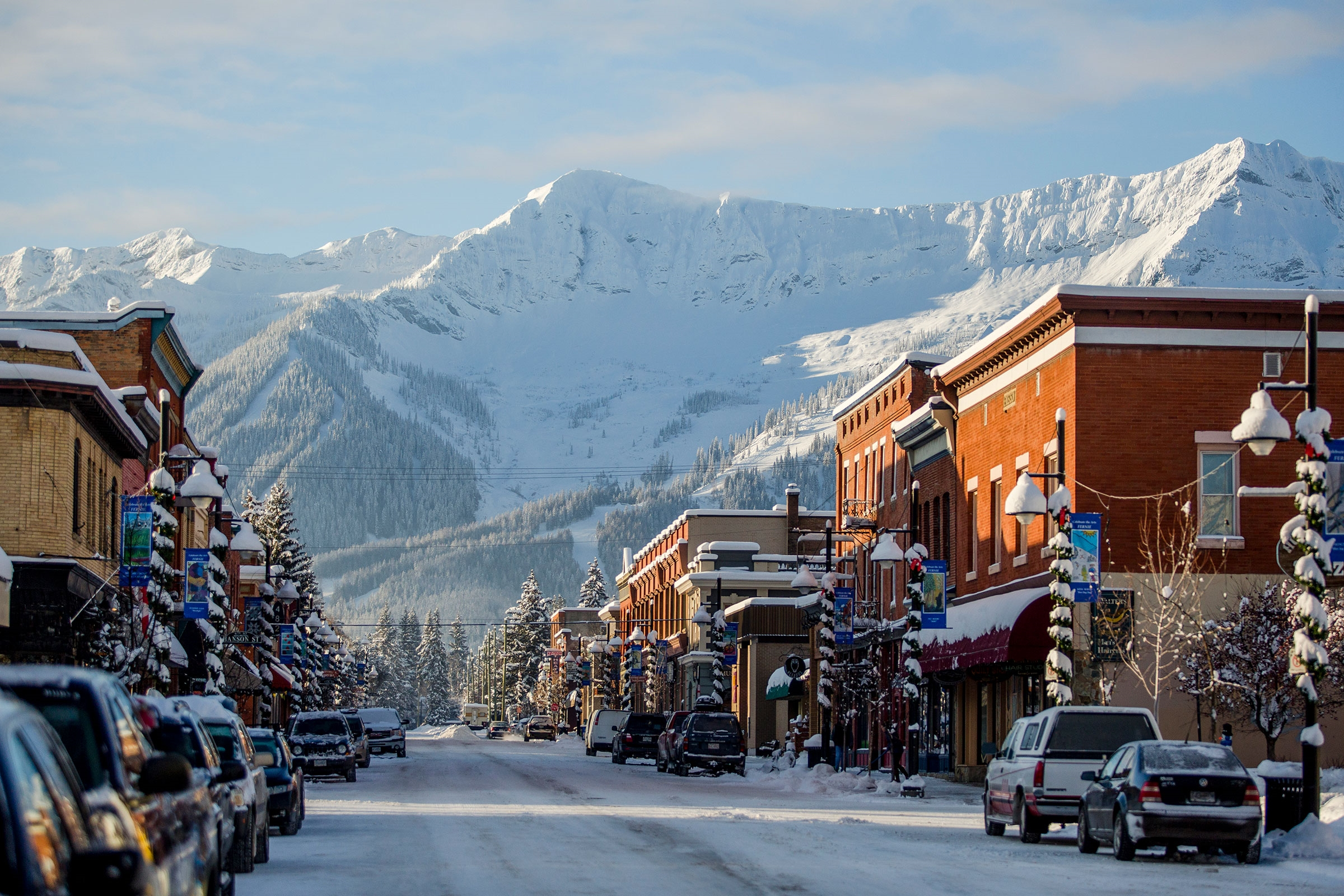 Fernie BC winter downtown with mountain backdrop